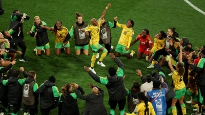Jamaica's Deneisha Blackwood celebrates with teammates after the match as Jamaica qualify for the knockout stages of the World Cup (REUTERS)