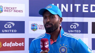 Hardik Pandya during the post-match presentation