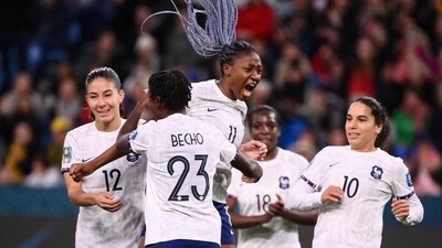France's forward #11 Kadidiatou Diani celebrates after scoring during the Australia and New Zealand 2023 Women's World Cup Group F football match between Panama and France (AFP) France's forward #11 Kadidiatou Diani celebrates after scoring during the Australia and New Zealand 2023 Women's World Cup Group F football match between Panama and France (AFP)