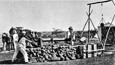 The horizontal photographic telescope of Professor Kavasji Dadabhai Naegamvala from the College of Science, Poona, at Jeur in 1898. The district officials decided to convert the goods shed into a great refreshment room for the visitors who had turned up at Jeur, some 150 km from Poona, to watch the total solar eclipse on January 22, 1898. (SOURCED) The horizontal photographic telescope of Professor Kavasji Dadabhai Naegamvala from the College of Science, Poona, at Jeur in 1898. The district officials decided to convert the goods shed into a great refreshment room for the visitors who had turned up at Jeur, some 150 km from Poona, to watch the total solar eclipse on January 22, 1898. (SOURCED)