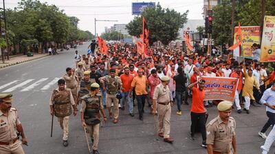 Vishva Hindu Parishad (VHP) and Bajrang Dal supporters take part in a protest march in Noida against the violence in Haryana's Nuh district (PTI) Vishva Hindu Parishad (VHP) and Bajrang Dal supporters take part in a protest march in Noida against the violence in Haryana's Nuh district (PTI)