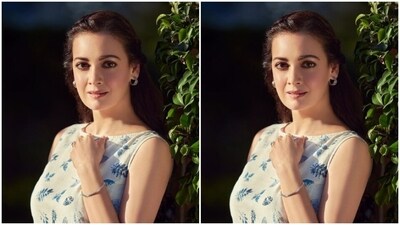 Dia played muse to fashion designer Anita Dogre and picked a white and blue co-ord set from the shelves of the designer. (Instagram/@diamirzaofficial) Dia played muse to fashion designer Anita Dogre and picked a white and blue co-ord set from the shelves of the designer. (Instagram/@diamirzaofficial)