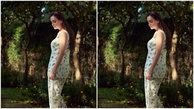 Dia looked gorgeous in a long white tip with a round neckline, sleeveless details and minimal patterns in shades of blue. She teamed it with a pair of ethnic cotton trousers of the same print. (Instagram/@diamirzaofficial) Dia looked gorgeous in a long white tip with a round neckline, sleeveless details and minimal patterns in shades of blue. She teamed it with a pair of ethnic cotton trousers of the same print. (Instagram/@diamirzaofficial)