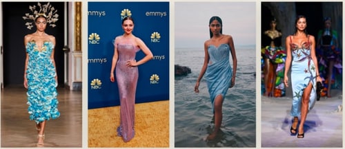 Ocean-inspired and mermaidcore designs by Rahul Mishra (2023); Armani Privé worn by actor Amanda Seyfried (2022); Gaurav Gupta (2023); Versace (2021). (Getty Images)