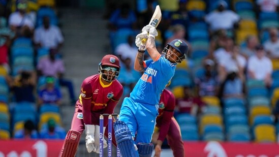 India's Ishan Kishan hits six from a delivery of West Indies' Yannic Cariah (AP)