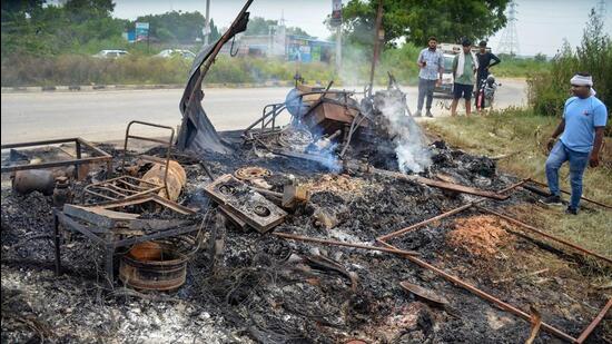 Fire department officials said that the incident took place around 2pm. Some old tyre shops and others selling scrap were burnt. The blaze was soon doused, the official said. (PTI)