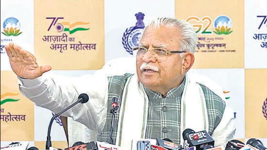 Haryana Chief Minister Manohar Lal Khattar addresses a press conference regarding the violence that recently occurred between two groups in Nuh, in Chandigarh on Wednesday. (ANI)