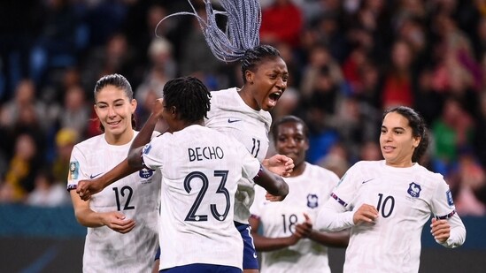 France's forward #11 Kadidiatou Diani celebrates after scoring during the Australia and New Zealand 2023 Women's World Cup Group F football match between Panama and France (AFP)
