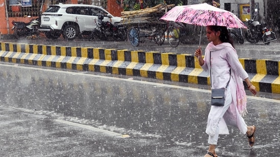 A lady using umbrellas during rain in Patna , Bihar,India.