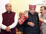 Union Minister Nitin Gadkari being felicitated by Himachal Chief Minister Sukhvinder Singh Sukhu as BJP leader Jai Ram Thakur looks on during a meeting, in Manali on Tuesday. (ANI Photo) Union Minister Nitin Gadkari being felicitated by Himachal Chief Minister Sukhvinder Singh Sukhu as BJP leader Jai Ram Thakur looks on during a meeting, in Manali on Tuesday. (ANI Photo)