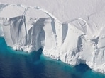 An aerial view of the 200-foot-tall (60-meter-tall) front of the Getz Ice Shelf with cracks, in Antarctica, in this 2016 handout image.&nbsp;