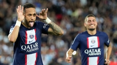 PSG's Neymar celebrates scoring his side's second goal during the Ligue 1 match between Paris Saint-Germain and Montpellier at the Parc des Princes (AP) PSG's Neymar celebrates scoring his side's second goal during the Ligue 1 match between Paris Saint-Germain and Montpellier at the Parc des Princes (AP)