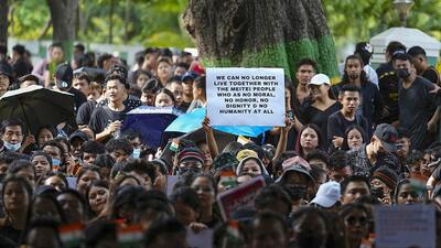 Kukis from Manipur at a protest in Chennai on Wednesday. (PTI) Kukis from Manipur at a protest in Chennai on Wednesday. (PTI)