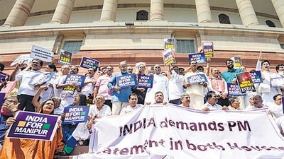 Opposition leaders protest over the ethnic violence in Manipur, in Parliament on July 24. (PTI)
