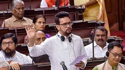 Union minister Anurag Thakur speaks in the Rajya Sabha during the Monsoon session of Parliament, in New Delhi, Thursday, August 3. (PTI) Union minister Anurag Thakur speaks in the Rajya Sabha during the Monsoon session of Parliament, in New Delhi, Thursday, August 3. (PTI)