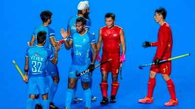 Players of the Indian men's hockey team (blue) after winning a match against China during Asian Champions Trophy 2023 (PTI) Players of the Indian men's hockey team (blue) after winning a match against China during Asian Champions Trophy 2023 (PTI)