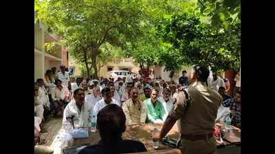 Police officials interacting with villagers in border district of Mathura earlier this week. (HT) Police officials interacting with villagers in border district of Mathura earlier this week. (HT)