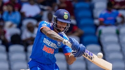 Tilak Varma impressed on debut, scoring 39 off 22 balls but fell to Romario Shepherd. (AP) Tilak Varma impressed on debut, scoring 39 off 22 balls but fell to Romario Shepherd. (AP)