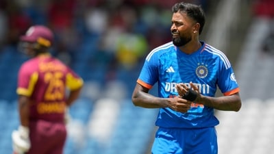 India's captain Hardik Pandya prepares to bowl against West Indies. (AP) India's captain Hardik Pandya prepares to bowl against West Indies. (AP)