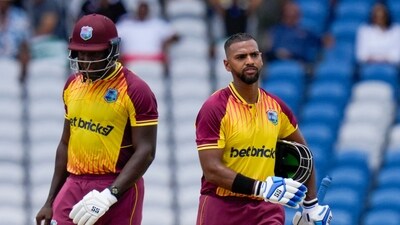 Nicholas Pooran and Rovman Powell both missed out on half centuries. Powell scored 48 while Pooran made 41. (AP) Nicholas Pooran and Rovman Powell both missed out on half centuries. Powell scored 48 while Pooran made 41. (AP)