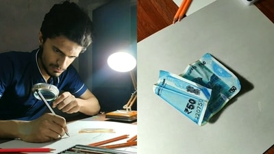 Rahil Jindran’s hyperrealistic artwork of Indian banknotes is so lifelike that it can be difficult to distinguish them from actual currency. (Instagram/@rahiljindran) Rahil Jindran’s hyperrealistic artwork of Indian banknotes is so lifelike that it can be difficult to distinguish them from actual currency. (Instagram/@rahiljindran)