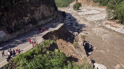India: A view of the aftermath of the flood occurred by the incessant monsoon rains, in Manali, Himachal Pradesh in July. Himalayan states including Himachal, Uttarakhand faced the worst crisis in the country as monsoon hit the region. Glash flood triggered by cloudbursts caused severe damage to infrastructure, livestock, vehicles in Himachal, estimated to be around  <span class='webrupee'>₹</span>8,000 crore.&nbsp; (ANI)