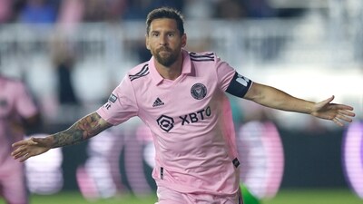 Lionel Messi of Inter Miami CF celebrates after scoring a goal during the Leagues Cup 2023 Round of 32 match between Orlando City SC (Getty Images via AFP) Lionel Messi of Inter Miami CF celebrates after scoring a goal during the Leagues Cup 2023 Round of 32 match between Orlando City SC (Getty Images via AFP)
