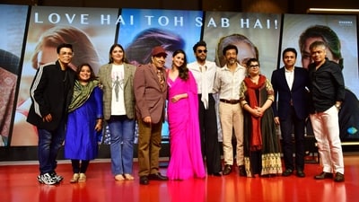 The cast of Rocky Aur Rani Kii Prem Kahaani at the success meet on Thursday. (From left) Karan Johar, Kshitee Jog, Anjali Anand, Dharmendra, Alia Bhatt, Ranveer Singh, Tota Roy Choudhury, Churni Ganguly, Apoorva Mehta and Ajit Andhare pose together. (Varinder Chawla) The cast of Rocky Aur Rani Kii Prem Kahaani at the success meet on Thursday. (From left) Karan Johar, Kshitee Jog, Anjali Anand, Dharmendra, Alia Bhatt, Ranveer Singh, Tota Roy Choudhury, Churni Ganguly, Apoorva Mehta and Ajit Andhare pose together. (Varinder Chawla)