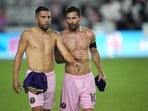 Aug 2, 2023; Fort Lauderdale, FL, USA; Inter Miami CF forward Lionel Messi (10) and defender Jordi Alba (18) look on after the match against Orlando City SC at DRV PNK Stadium. Mandatory Credit: Jim Rassol-USA TODAY Sports