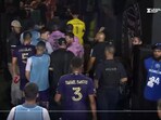 Messi in a heated chat with a Orlando footballer Messi in a heated chat with a Orlando footballer