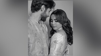Aaliyah posted two sets of photos and captioned them, "about last night," and "my [love]." The posts feature Aaliyah and Shane's romantic moments captured in black and white clicks and a few pictures giving a glimpse of her beauteous traditional look from the shelves of Anita Dongre's eponymous label.&nbsp; (Instagram)