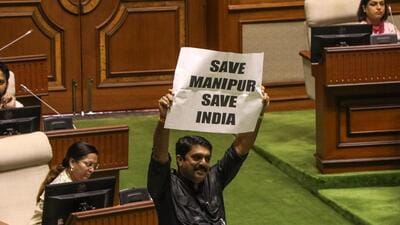 An opposition MLA holding placard protests over Manipur issue in the Goa Legislative Assembly on July 31 (ANI FILE PHOTO/Representative Image) An opposition MLA holding placard protests over Manipur issue in the Goa Legislative Assembly on July 31 (ANI FILE PHOTO/Representative Image)