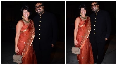 Aaliyah Kashyap's parents, Anurag Kashyap and Aarti Bajaj pose for the paparazzi outside the venue.&nbsp; (HT Photo)