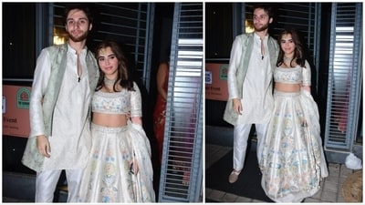 Aaliyah Kashyap and Shane Gregoire twinned in ivory Anita Dongre outfits for the ceremony.&nbsp; (HT Photo)