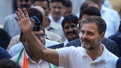 Congress leader Rahul Gandhi leaves after a meeting at AICC headquarters, in New Delhi, on 4 August, 2023. (PTI) Congress leader Rahul Gandhi leaves after a meeting at AICC headquarters, in New Delhi, on 4 August, 2023. (PTI)