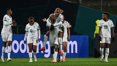 Zambia's forward Racheal Kundananji (C) celebrates scoring her team's third goal during the Australia and New Zealand 2023 Women's World Cup (AFP)