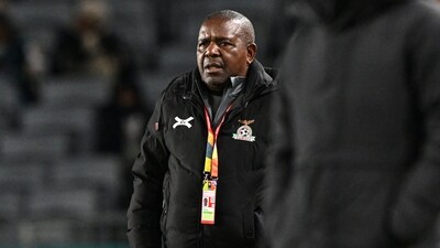Zambia's coach Bruce Mwape looks on during the Australia and New Zealand 2023 Women's World Cup Group C football match between Spain and Zambia (AFP)