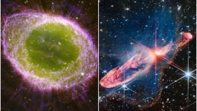 Remnants of a dying star (L). Two actively forming stars (R) (NASA) Remnants of a dying star (L). Two actively forming stars (R) (NASA)