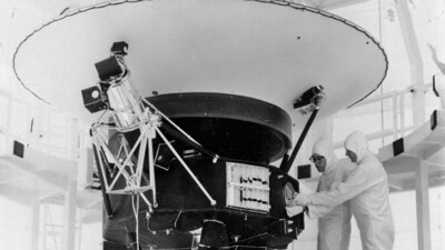 In this Aug. 4, 1977, photo provided by NASA, the "Sounds of Earth" record is mounted on the Voyager 2 spacecraft in the Safe-1 Building at the Kennedy Space Center. (AP)