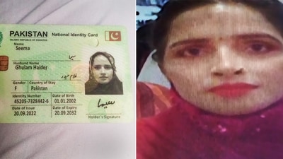 Combo picture shows identity card (L) of Seema Ghulam Haider, a Pakistani mother of four, who sneaked into India to live with a Hindu man, Sachin Meena, whom she befriended through an online game platform and her portrait (R). (PTI Photo) (PTI) Combo picture shows identity card (L) of Seema Ghulam Haider, a Pakistani mother of four, who sneaked into India to live with a Hindu man, Sachin Meena, whom she befriended through an online game platform and her portrait (R). (PTI Photo) (PTI)