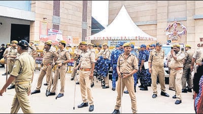Police and paramilitary personnel keep vigil as team of the Archaeological Survey of India (ASI) will begin to conduct the survey of Gyanvapi mosque premises, in Varanasi on Friday. (ANI)