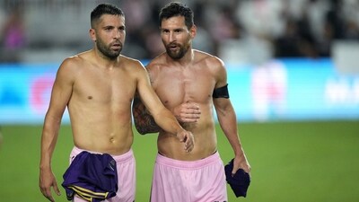Aug 2, 2023; Fort Lauderdale, FL, USA; Inter Miami CF forward Lionel Messi (10) and defender Jordi Alba (18) look on after the match against Orlando City SC at DRV PNK Stadium. Mandatory Credit: Jim Rassol-USA TODAY Sports (USA TODAY Sports via Reuters Con)