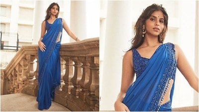 Suhana's electric blue coloured chiffon saree features custom-made intricate mirror embellishments, cutdana embroidery in intricate floral patterns, and beaded tassel embellishments on the trims. (Instagram) Suhana's electric blue coloured chiffon saree features custom-made intricate mirror embellishments, cutdana embroidery in intricate floral patterns, and beaded tassel embellishments on the trims. (Instagram)