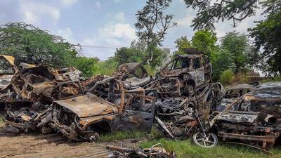 The violence scene in Nuh. (PTI) The violence scene in Nuh. (PTI)