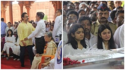 Aamir Khan arrived at Nitin Desai's funeral to pay his final respects; late art director's children weep near his body. Aamir Khan arrived at Nitin Desai's funeral to pay his final respects; late art director's children weep near his body.