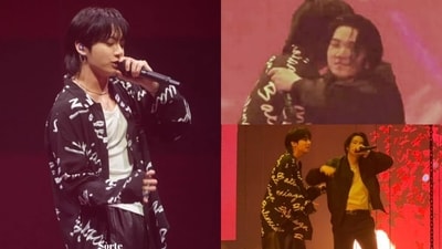 BTS members Jungkook and Suga at Seoul concert. BTS members Jungkook and Suga at Seoul concert.