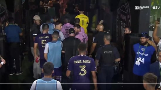 Messi in a heated chat with a Orlando footballer