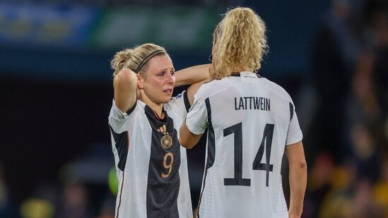 Germany's Svenja Huth, left, and Lena Lattwein react following the Women's World Cup Group H soccer match between South Korea and Germany (AP)
