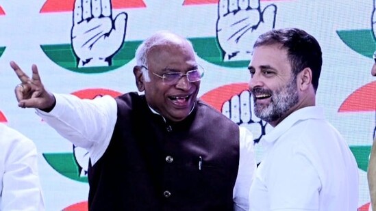 Congress president Mallikarjun Kharge and Rahul Gandhi at press conference on Friday following SC's relief. Congress president Mallikarjun Kharge and Rahul Gandhi at press conference on Friday following SC's relief.