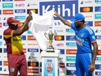 Rovman Powell (L) of West Indies and Hardik Pandya (R) of India unveil the T20I series trophy. Rovman Powell (L) of West Indies and Hardik Pandya (R) of India unveil the T20I series trophy.